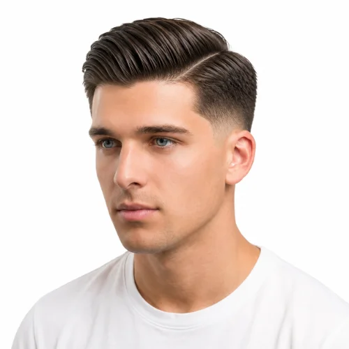 Comb over hairstyle with a low fade, neatly styled top, and white background.