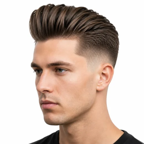 Pompadour hairstyle with a low fade, voluminous top, and white background.