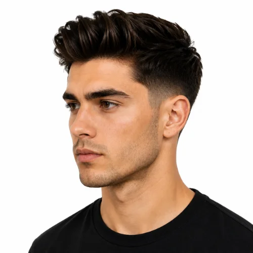 Low fade quiff haircut with lifted front hair and clean white background.