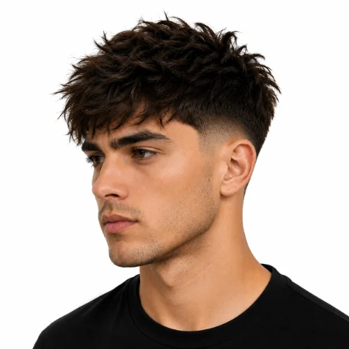 Low fade haircut with a messy textured top and clean white background.