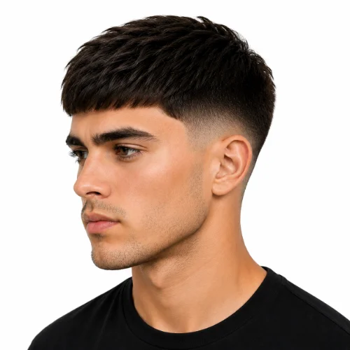 Sharp straight haircut with a low fade, precise lines, and white background.