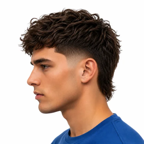 Wavy hairstyle with a low fade, natural texture, and white background.