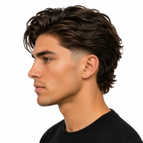 Long hairstyle with a low fade, flowing top, and white background.