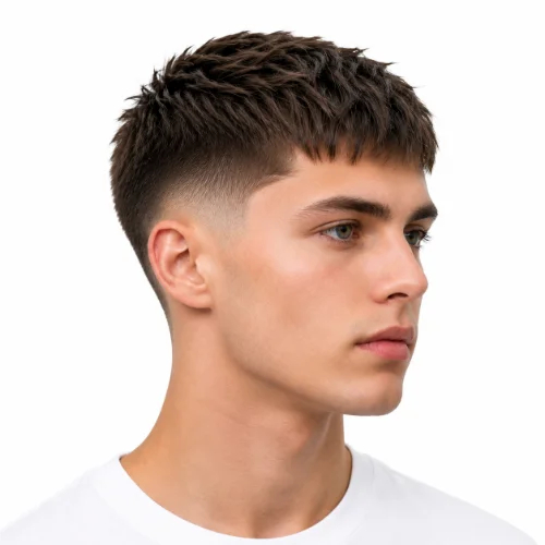 Short crop haircut with a low fade, textured top, and white background.