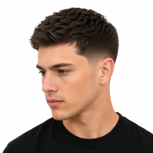 Low fade hairstyle designed to reduce the appearance of thinning hair on a white background.