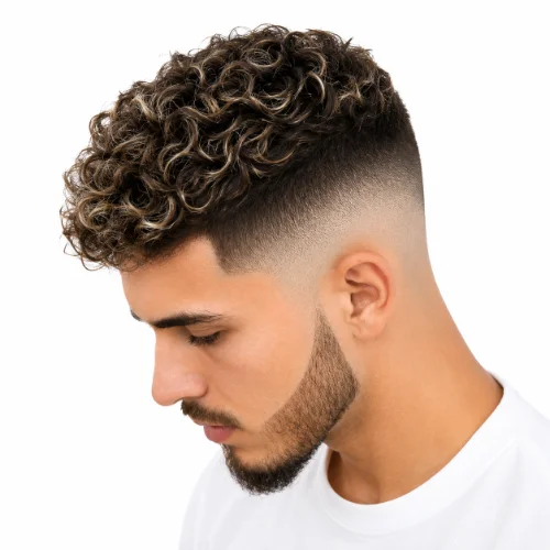 Low skin fade haircut with shaved sides, blended fade, and clean white background.