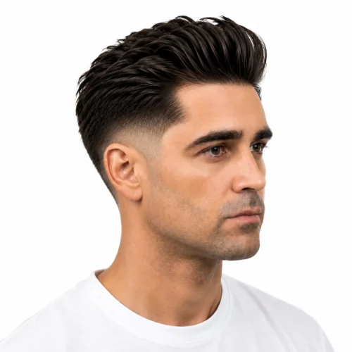 Low drop fade haircut with a curved fade around the ears and white background.