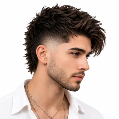 Burst fade haircut with rounded fade around the ears and white background.