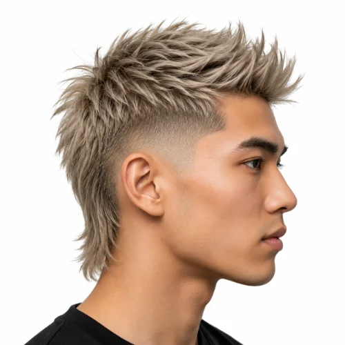 Low fade mullet with short faded sides and longer back on a white background.
