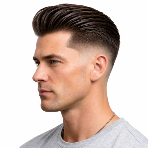 Modern low fade haircut with contemporary styling, textured top, and white background.
