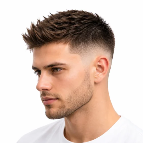 Low fade haircut for thin hair with textured styling and white background.