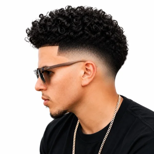 Low fade haircut for thick hair with textured volume and clean white background.