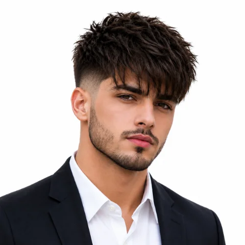 Young man with a low fade haircut and heavy fringe hairstyle, featuring textured hair on top, clean faded sides, and a white background.